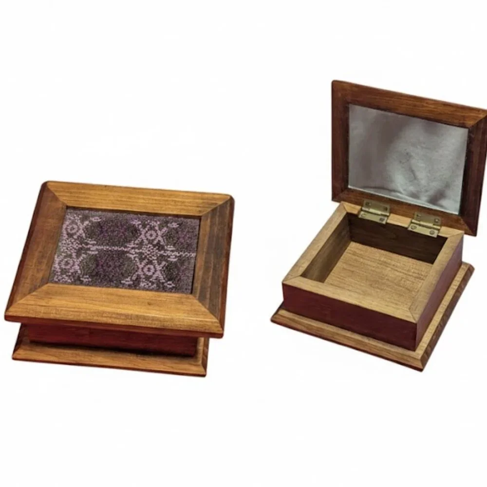 Embroidered Jewelry Box Wooden Mirror Needlepoint Trinket Keepsake Vintage Cross